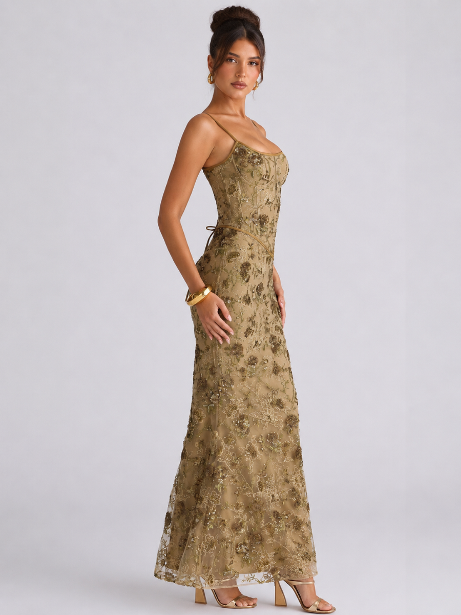 Vestido Longo Corset Bordado com Paetês Lumière