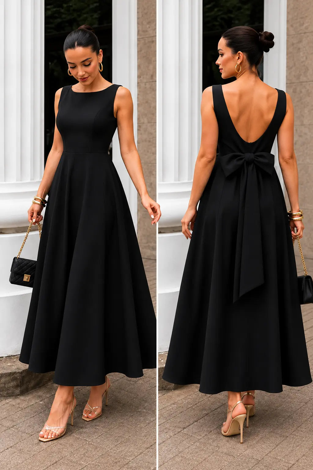 Vestido Longo com Decote Canoa e Laço nas Costas | Evelinne