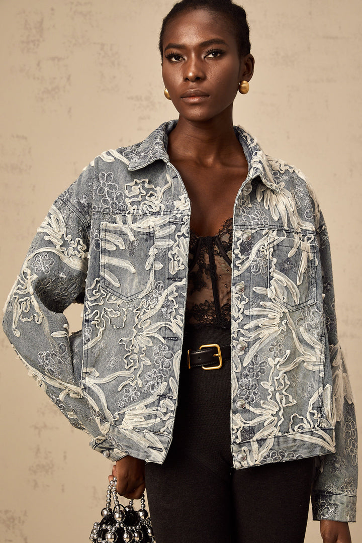 Mailys blue sequined flower-embroidered denim jacket