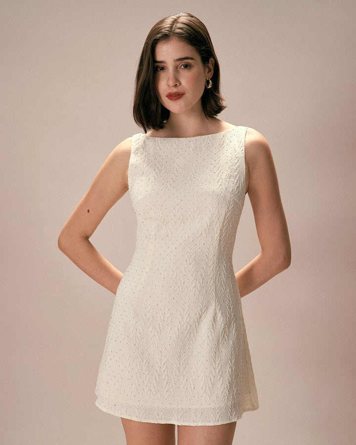 The Beige Boat Neck Textured Mini Dress