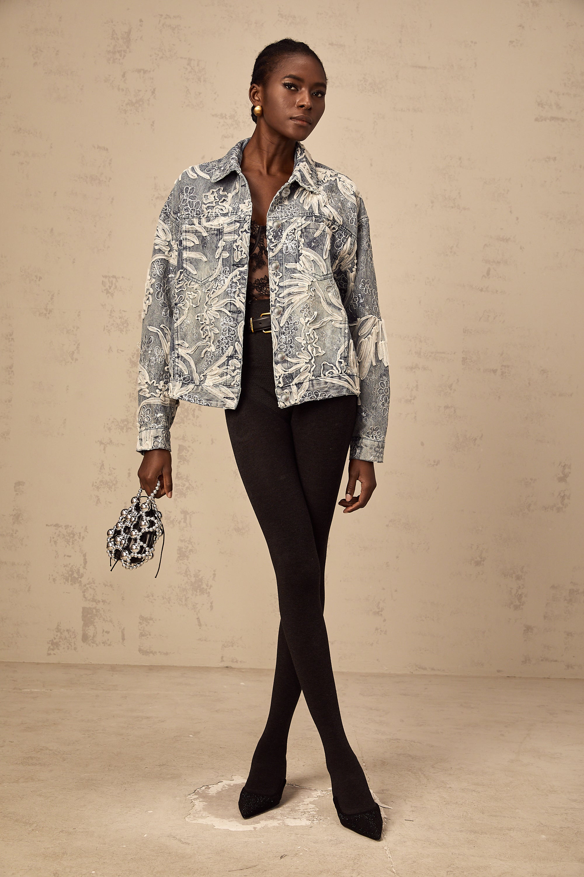 Mailys blue sequined flower-embroidered denim jacket