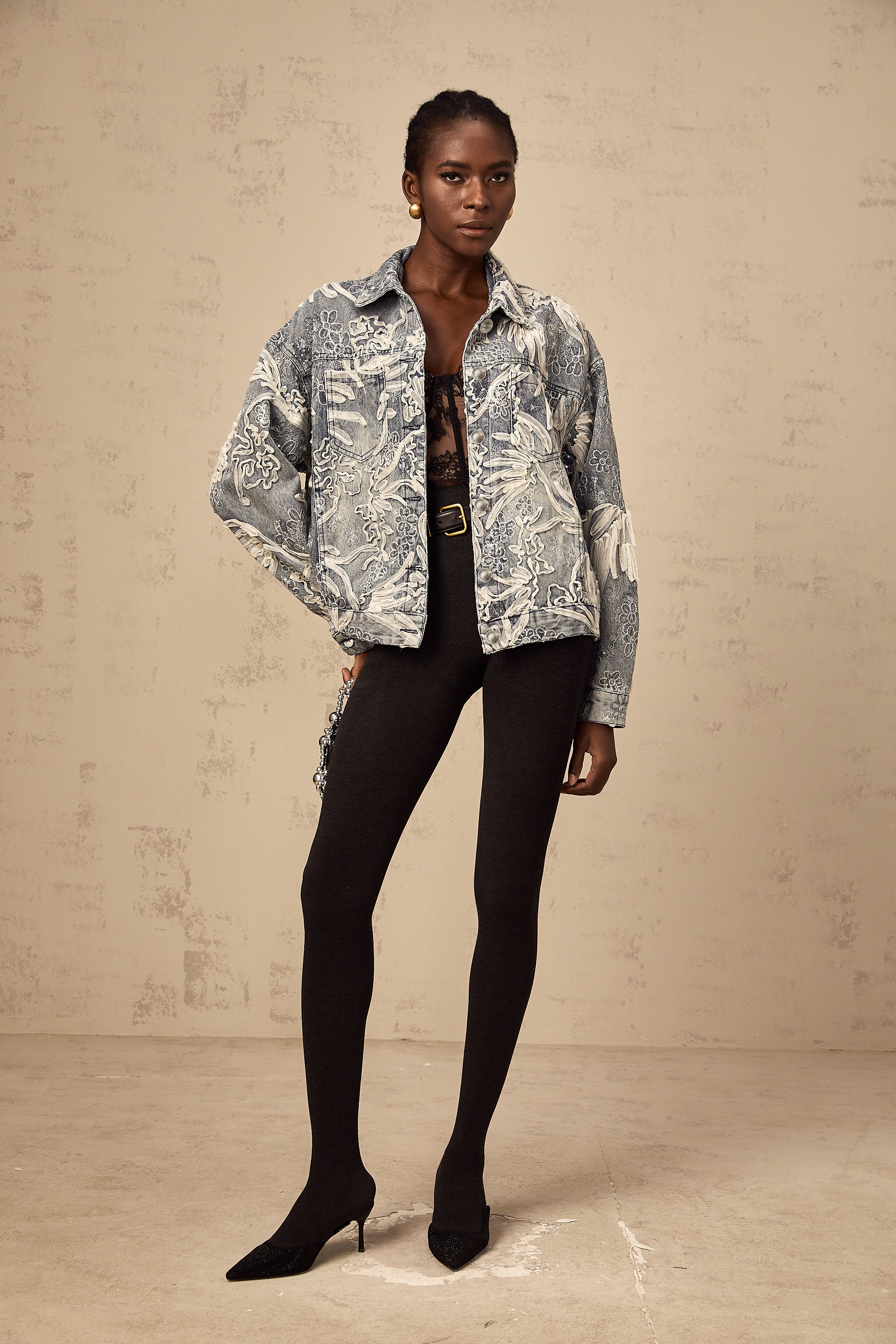 Mailys blue sequined flower-embroidered denim jacket