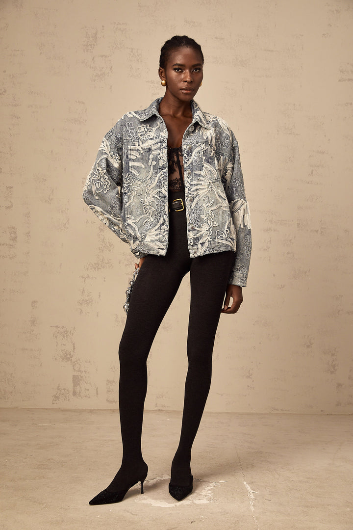 Mailys blue sequined flower-embroidered denim jacket