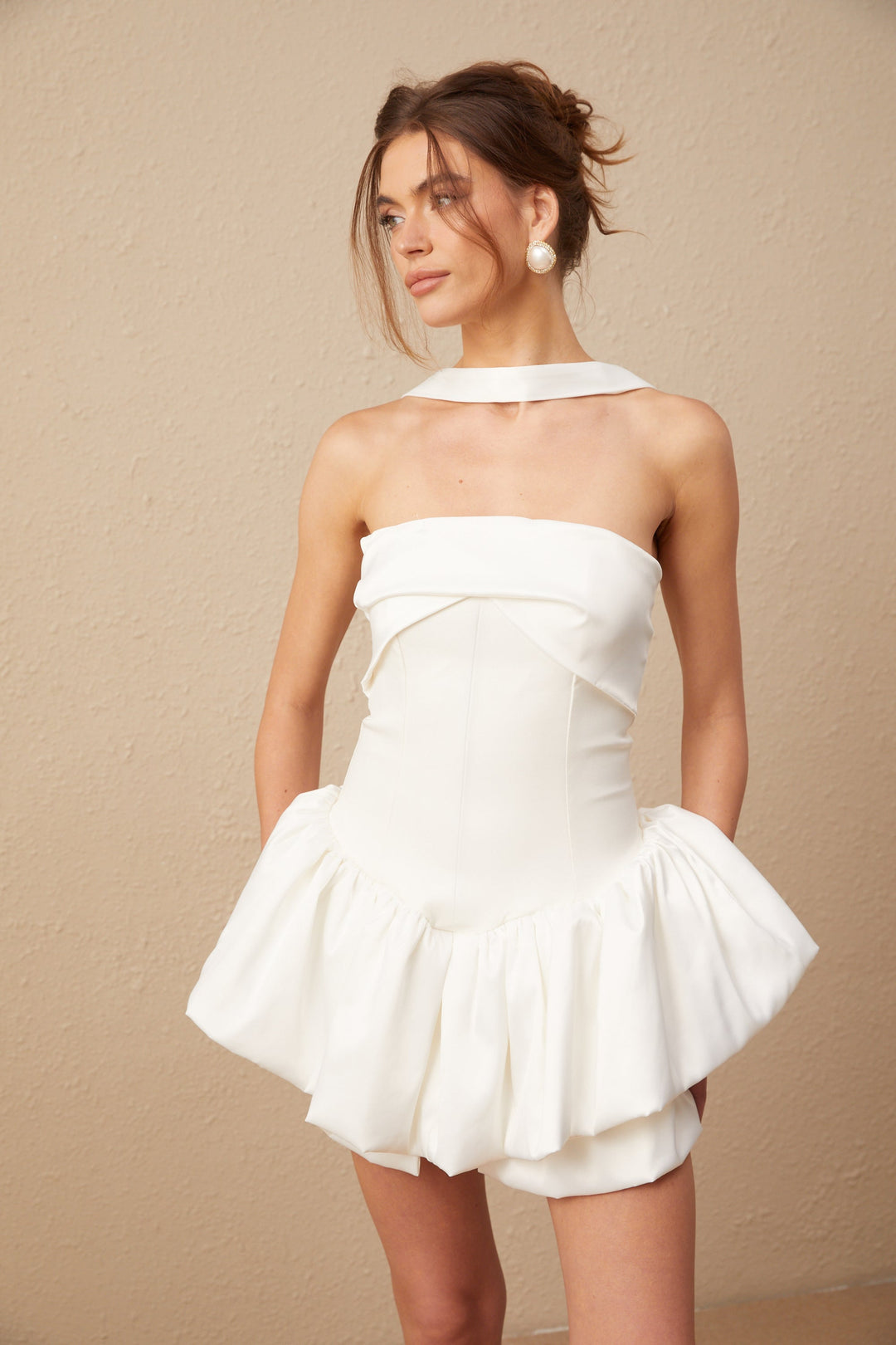 Avellia Celeste White Halterneck Ruffled Mini Dress