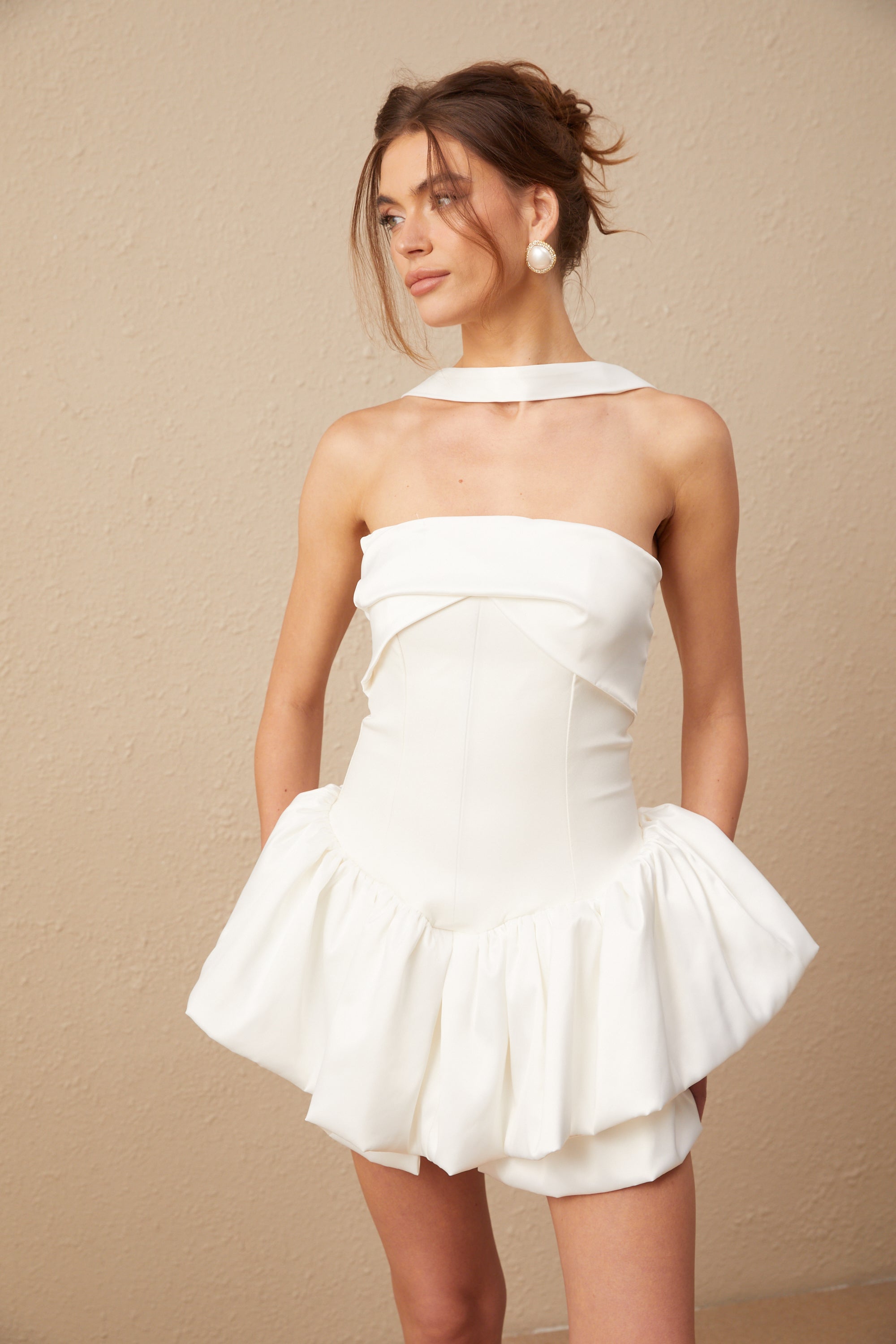 Avellia Celeste White Halterneck Ruffled Mini Dress