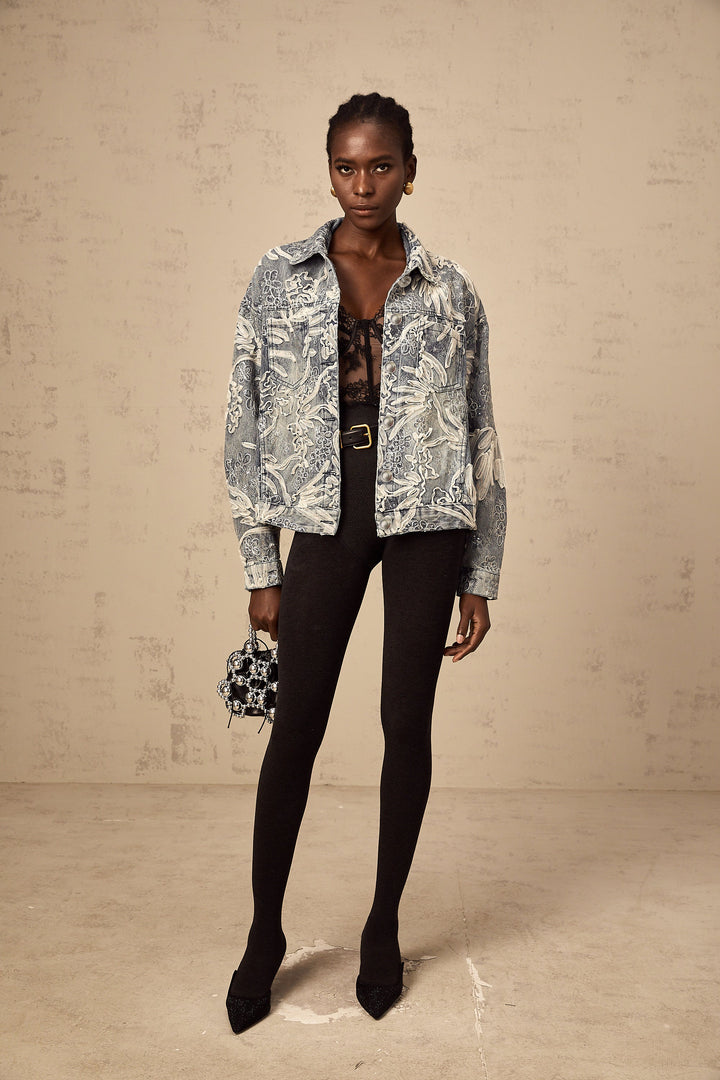 Mailys blue sequined flower-embroidered denim jacket