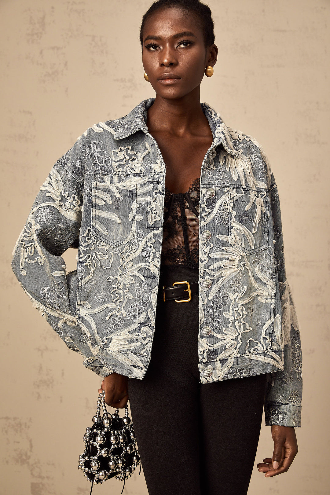 Mailys blue sequined flower-embroidered denim jacket