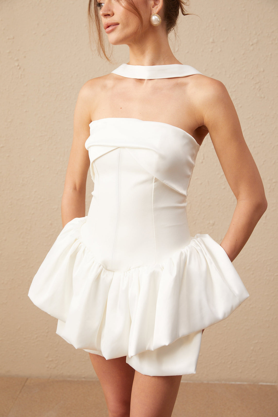 Avellia Celeste White Halterneck Ruffled Mini Dress