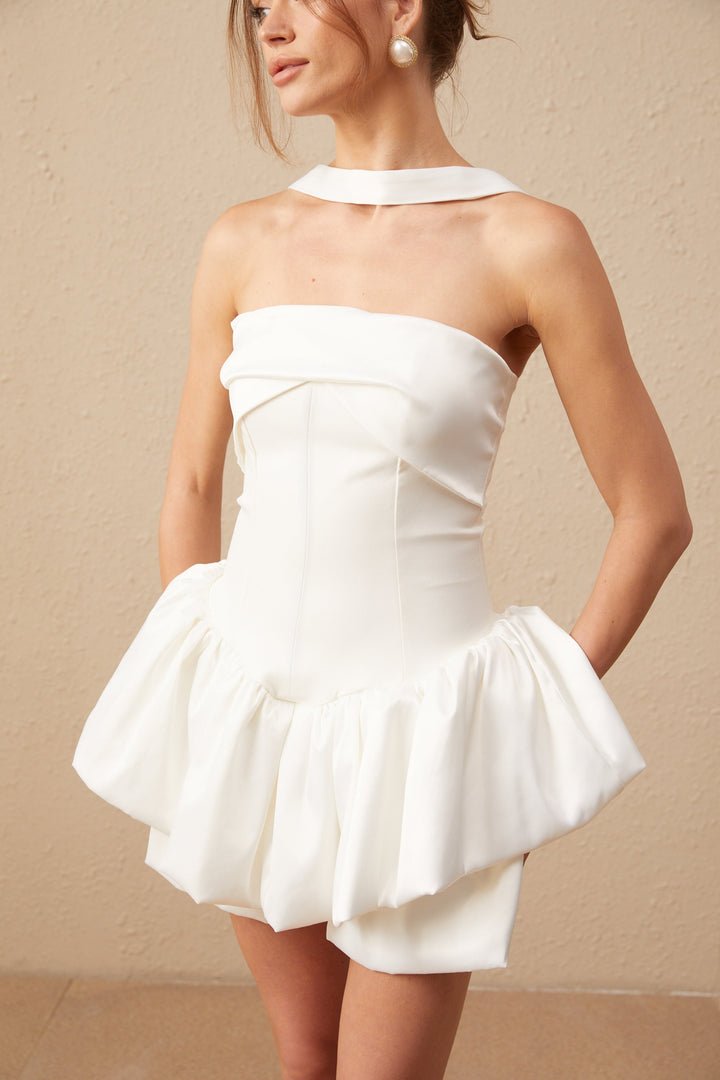 Avellia Celeste White Halterneck Ruffled Mini Dress