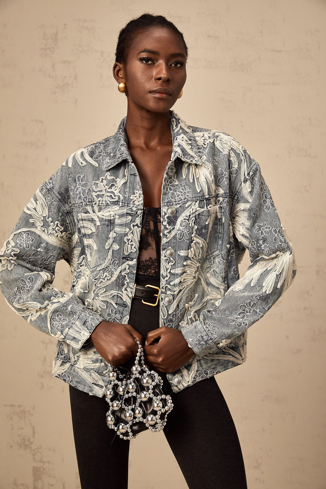 Mailys blue sequined flower-embroidered denim jacket