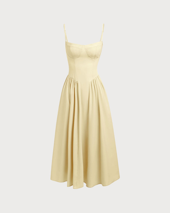 Yellow Square Neck Pocket Slip Midi Dress