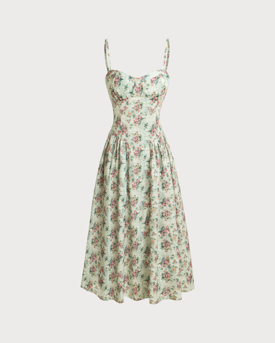Green Floral Sweetheart Neck Pleated Slip Midi Dress