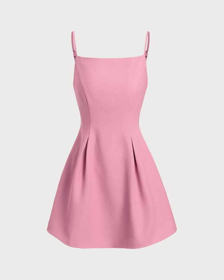 Pink Square Neck Slip Pleated Mini Dress