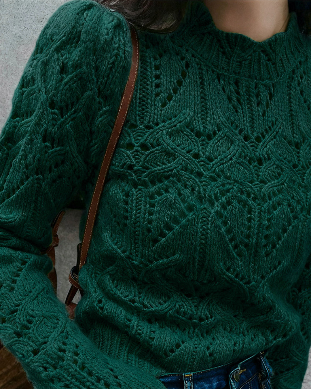 Green Round Neck Cut Out Sweater