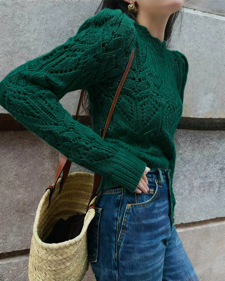 Green Round Neck Cut Out Sweater