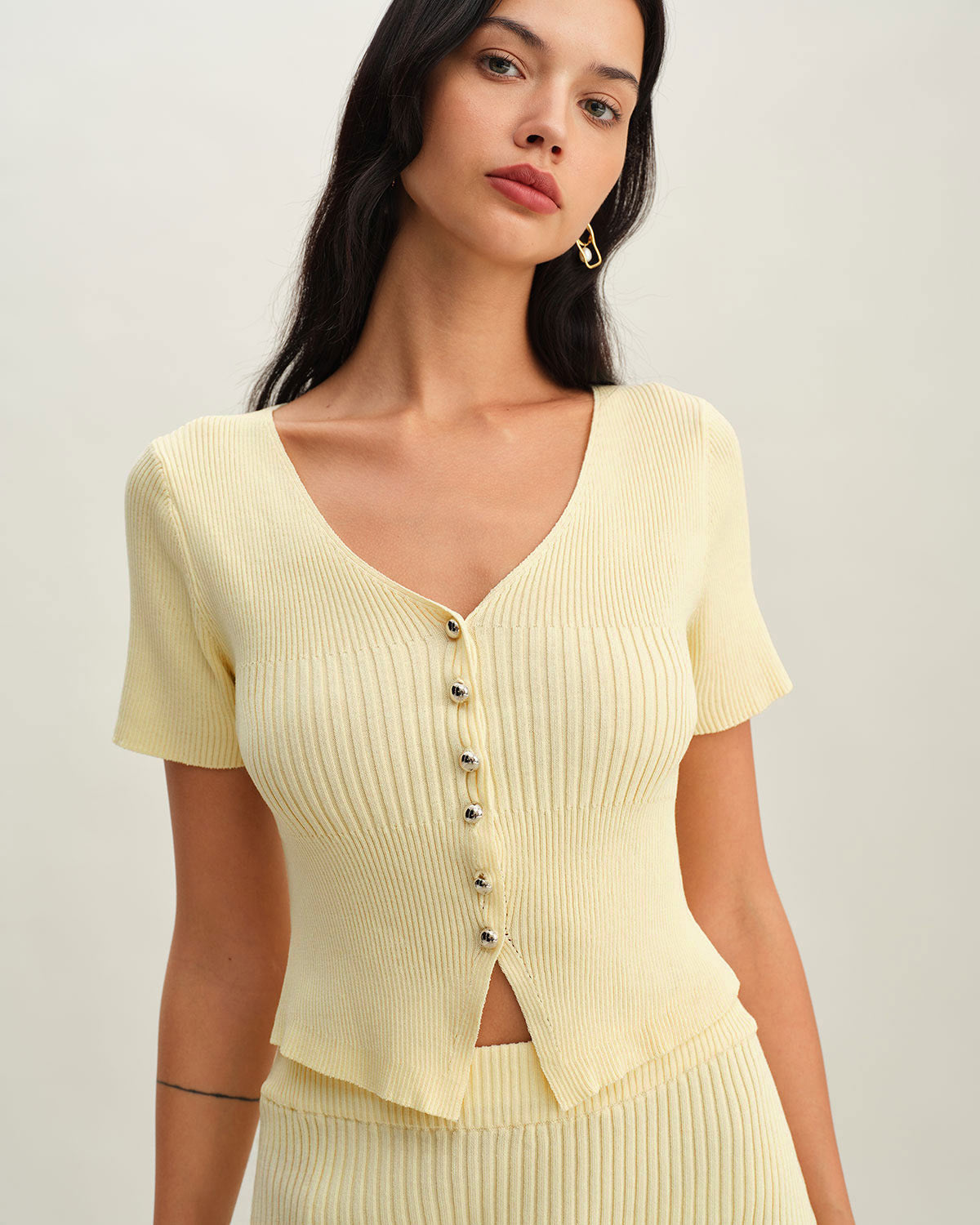 Beige V Neck Button Knit Cardigan