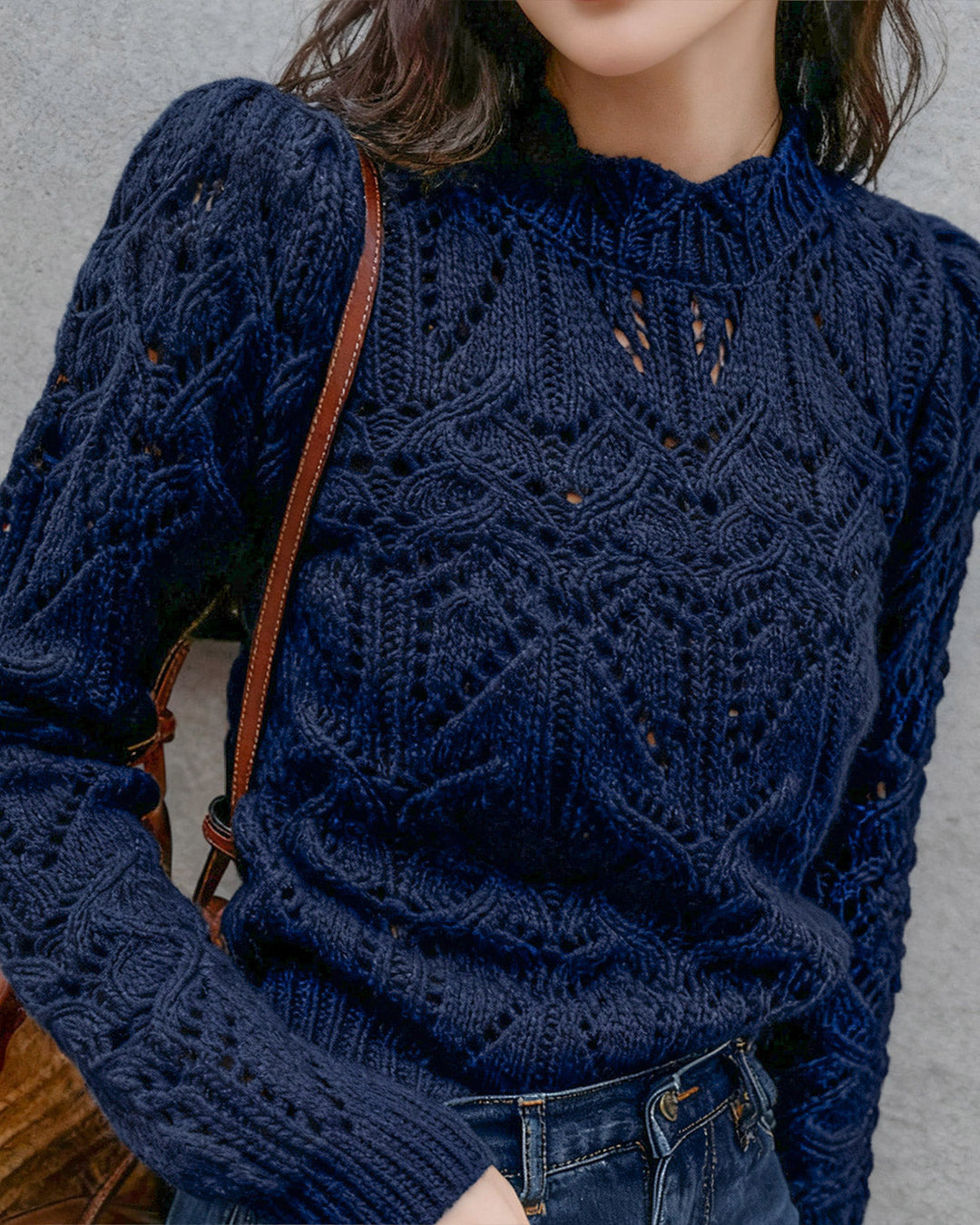 Blue Round Neck Cut Out Sweater
