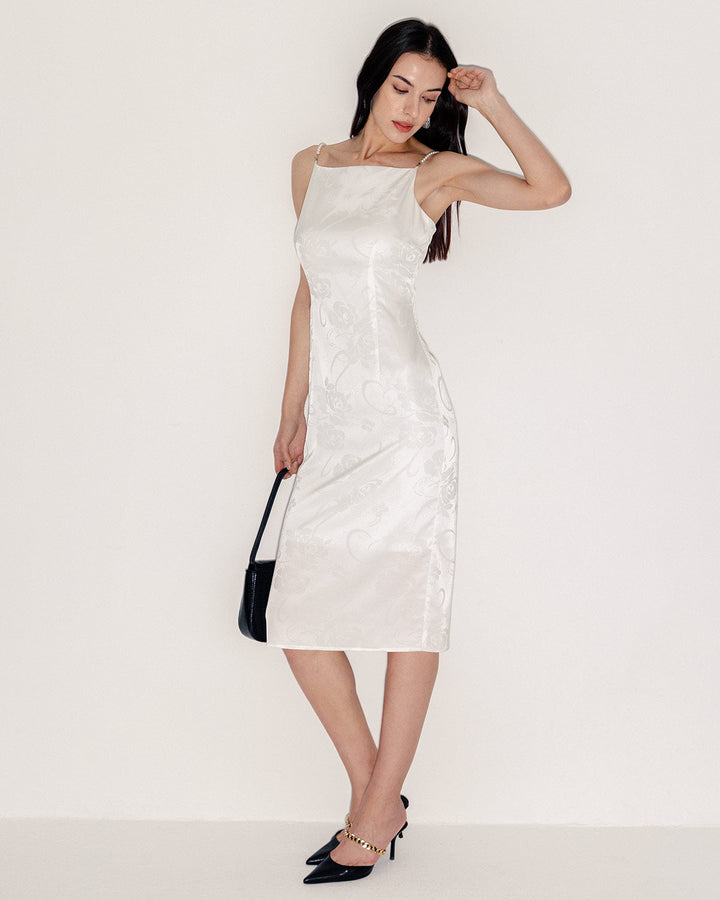 White Beaded Strap Slip Midi Dress