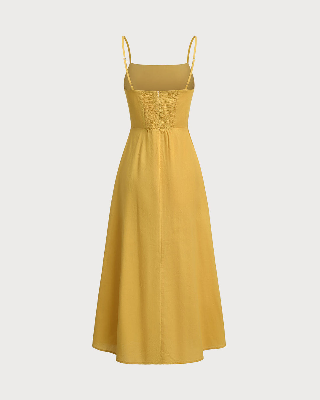 Yellow Square Neck Shirred Slip Midi Dress