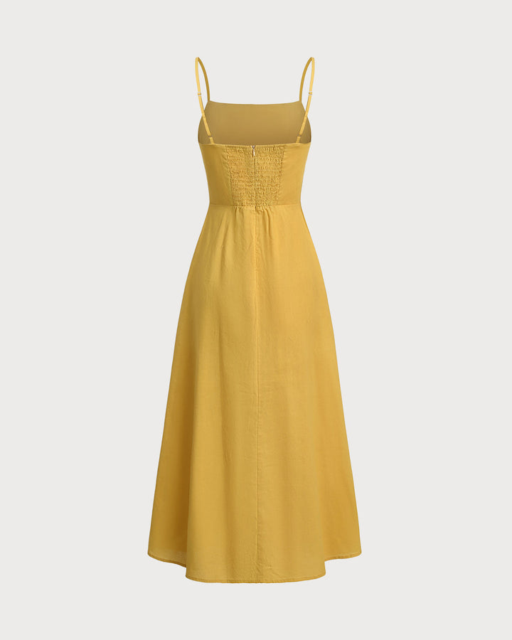 Yellow Square Neck Shirred Slip Midi Dress