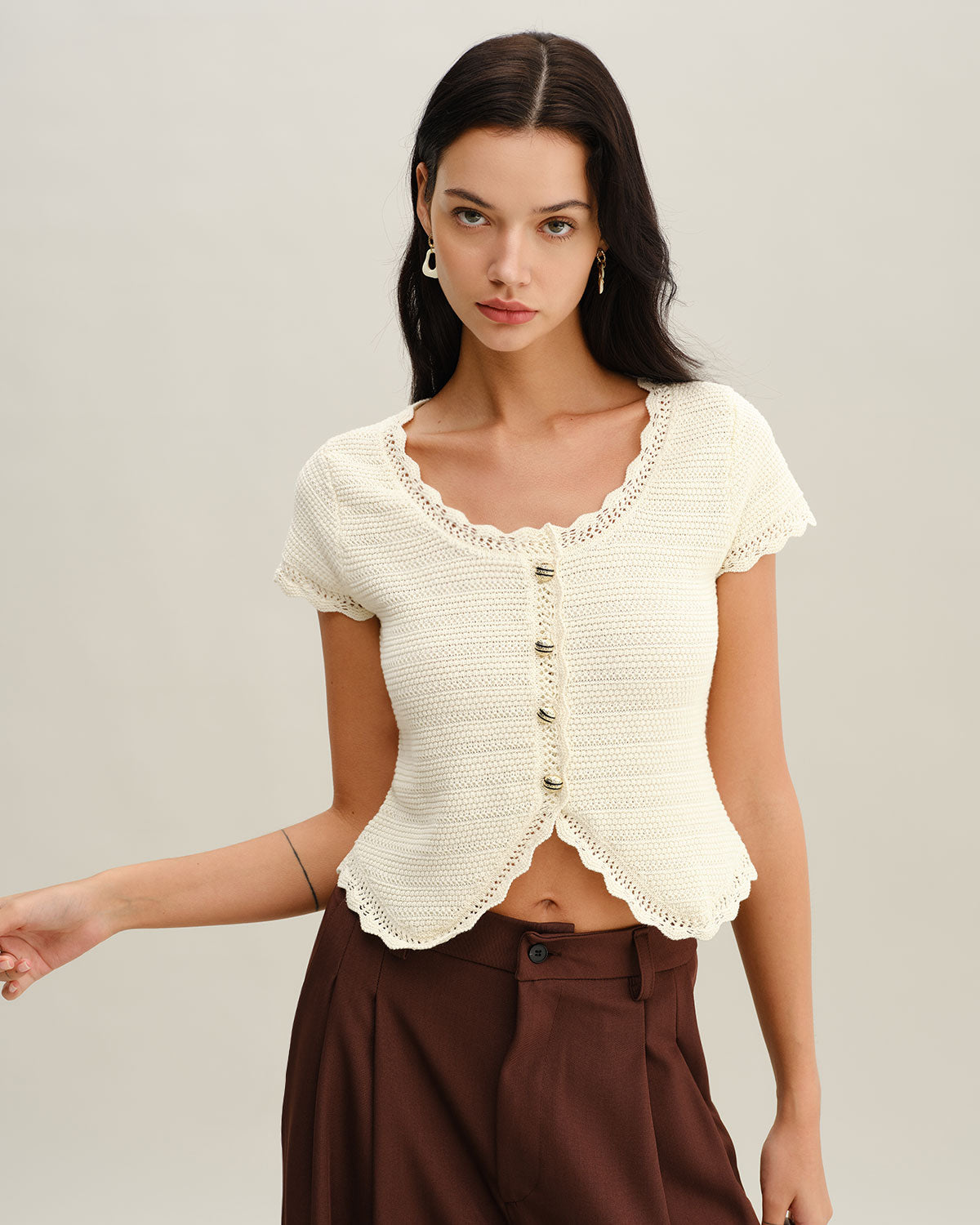 Beige U Neck Textured Cardigan