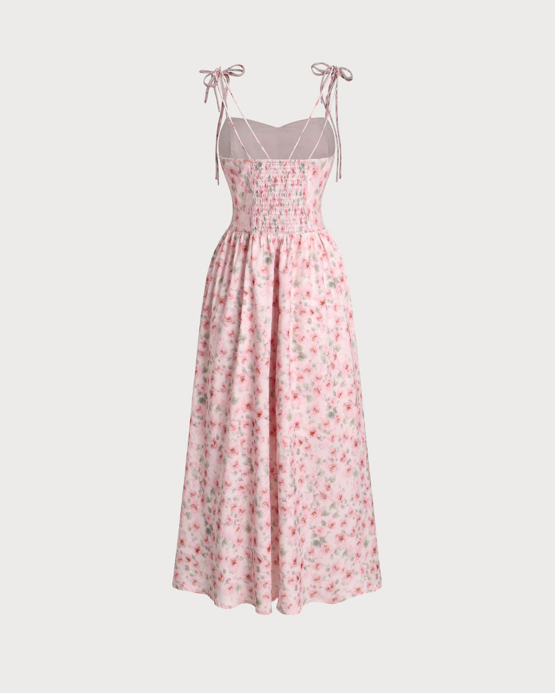 Pink Floral Shirred Slip Midi Dress