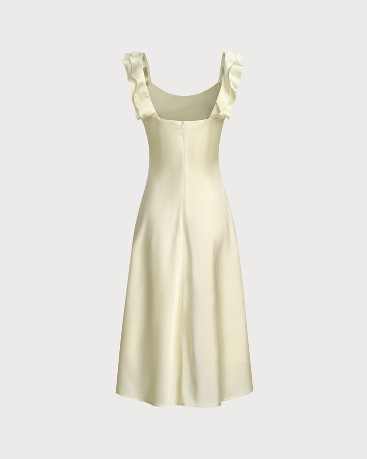Yellow Square Neck Ruffle Satin Midi Dress
