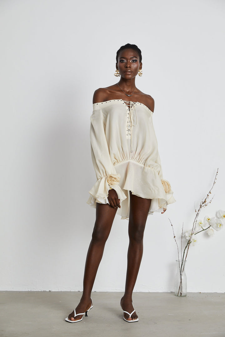 Avellia Serene Chiffon Off-Shoulder Mini Dress