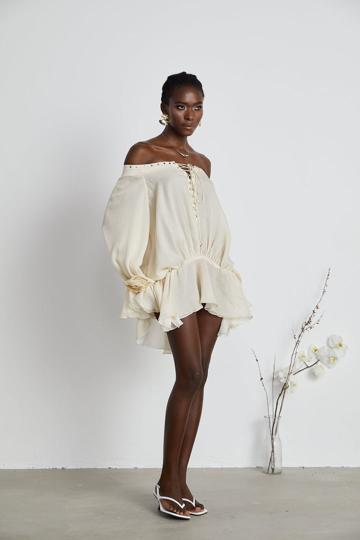 Avellia Serene Chiffon Off-Shoulder Mini Dress