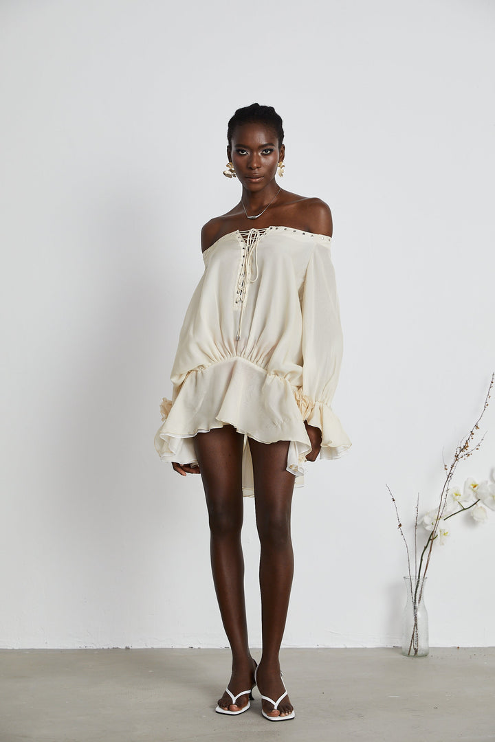 Avellia Serene Chiffon Off-Shoulder Mini Dress