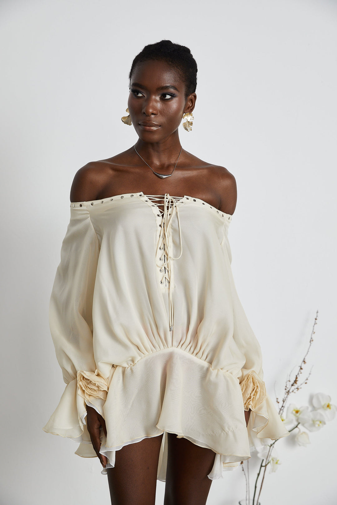 Avellia Serene Chiffon Off-Shoulder Mini Dress