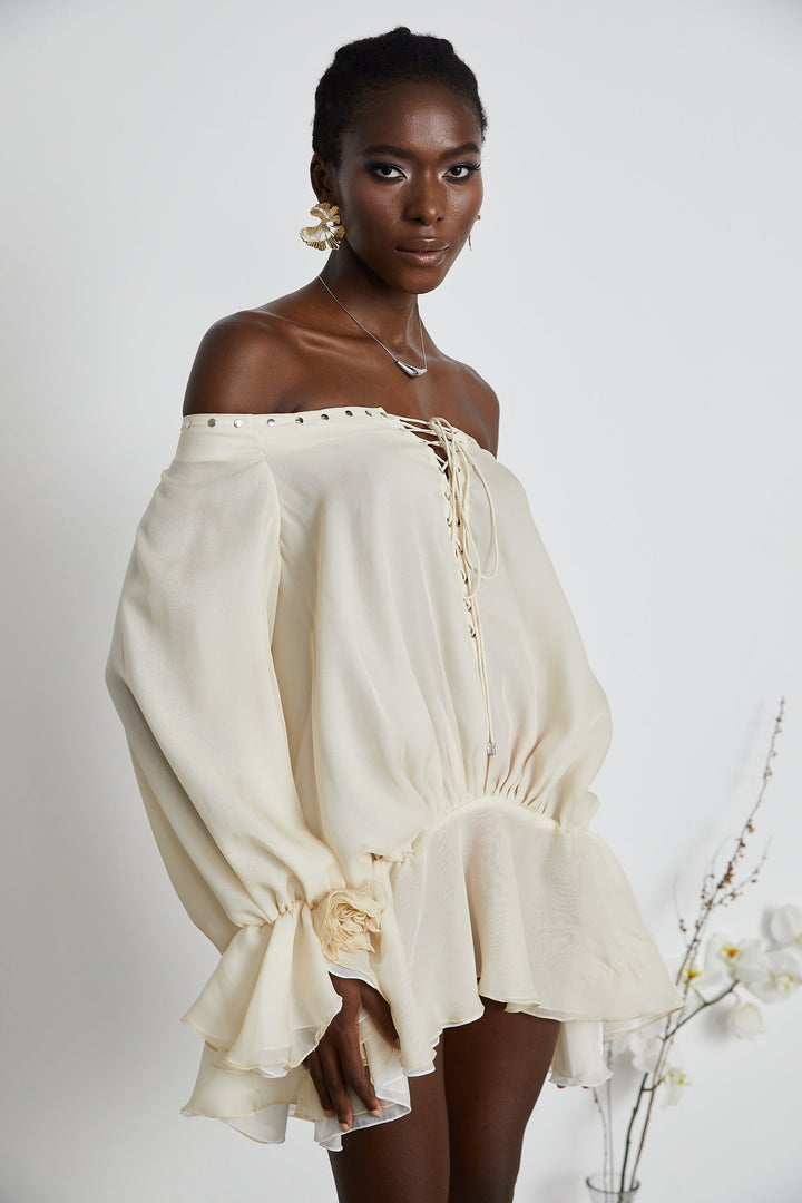 Avellia Serene Chiffon Off-Shoulder Mini Dress