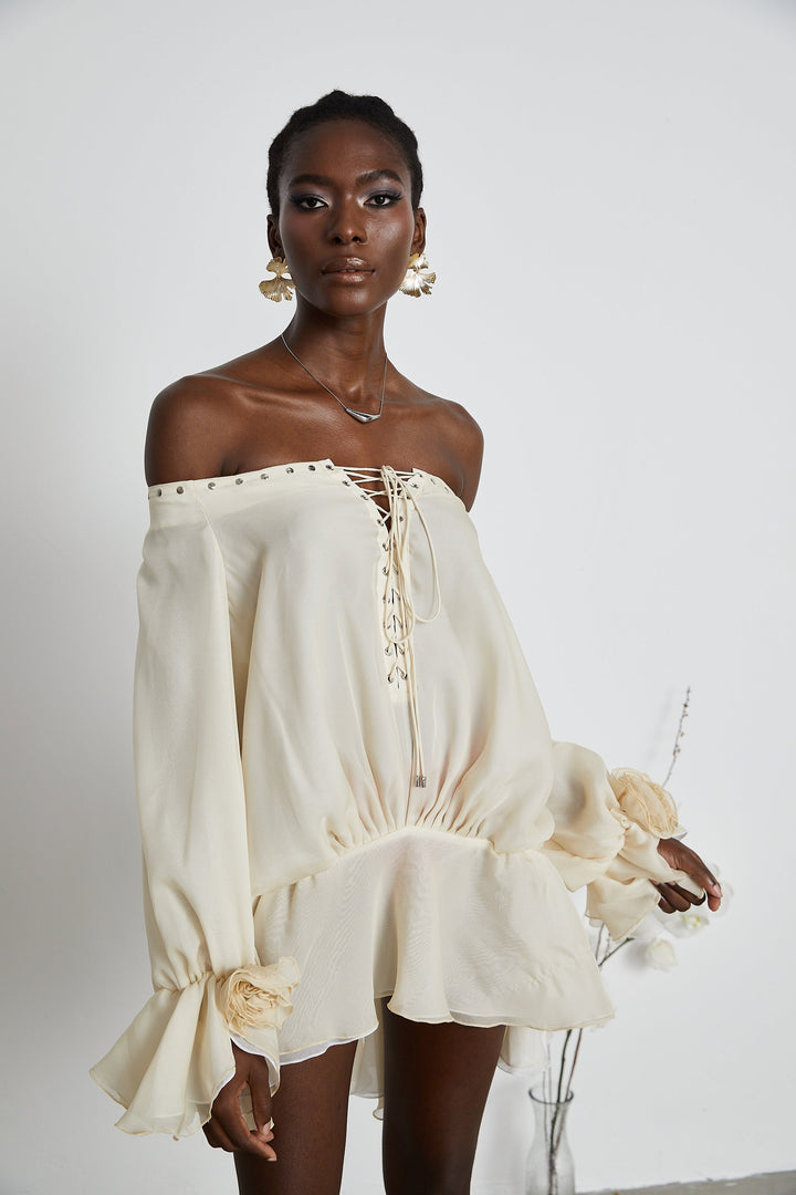 Avellia Serene Chiffon Off-Shoulder Mini Dress