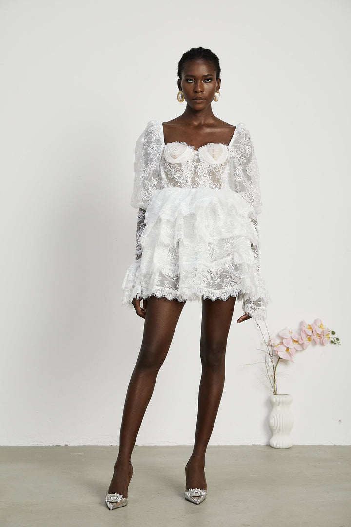 Avellia Elise Semi-Sheer Lace-Trim Mini Dress