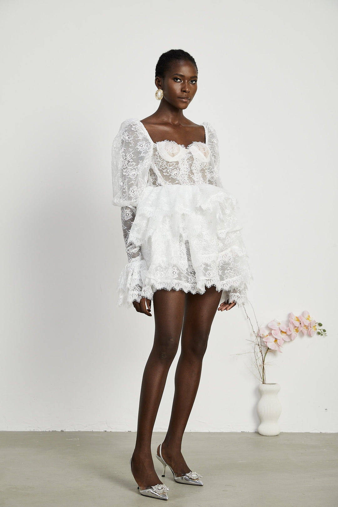 Avellia Elise Semi-Sheer Lace-Trim Mini Dress