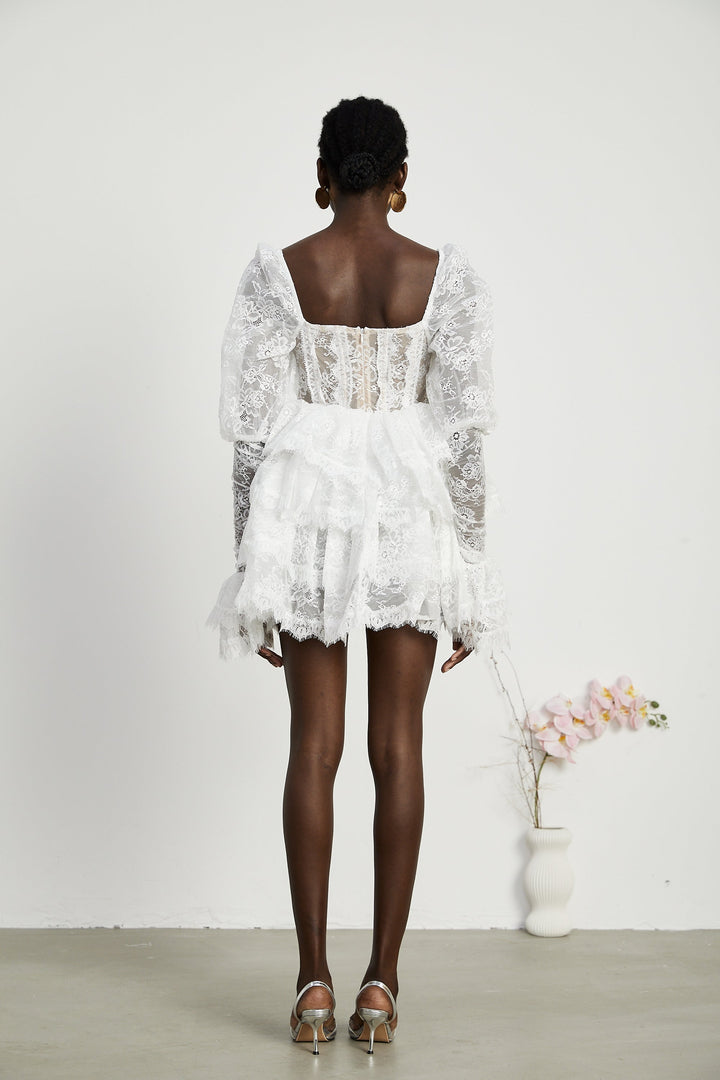 Avellia Elise Semi-Sheer Lace-Trim Mini Dress