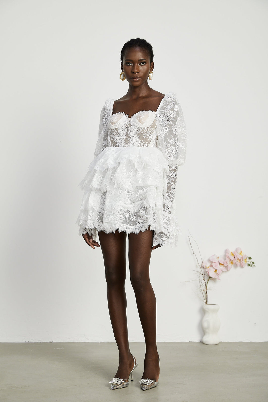 Avellia Elise Semi-Sheer Lace-Trim Mini Dress