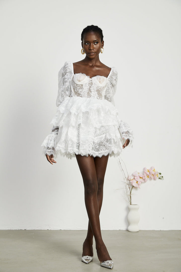 Avellia Elise Semi-Sheer Lace-Trim Mini Dress