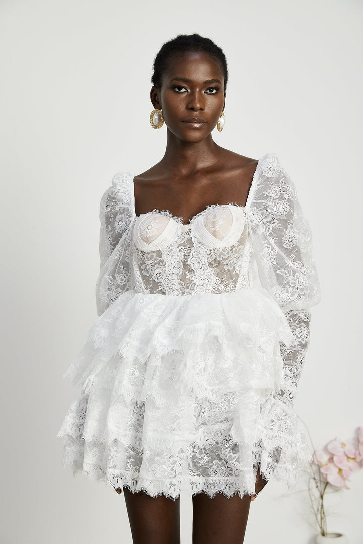 Avellia Elise Semi-Sheer Lace-Trim Mini Dress