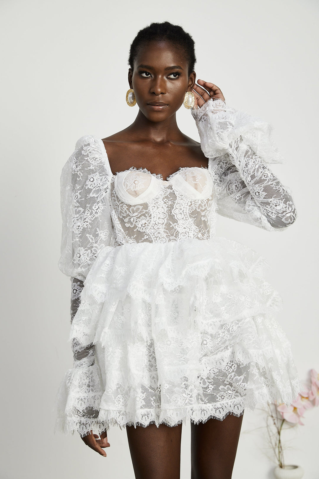 Avellia Elise Semi-Sheer Lace-Trim Mini Dress