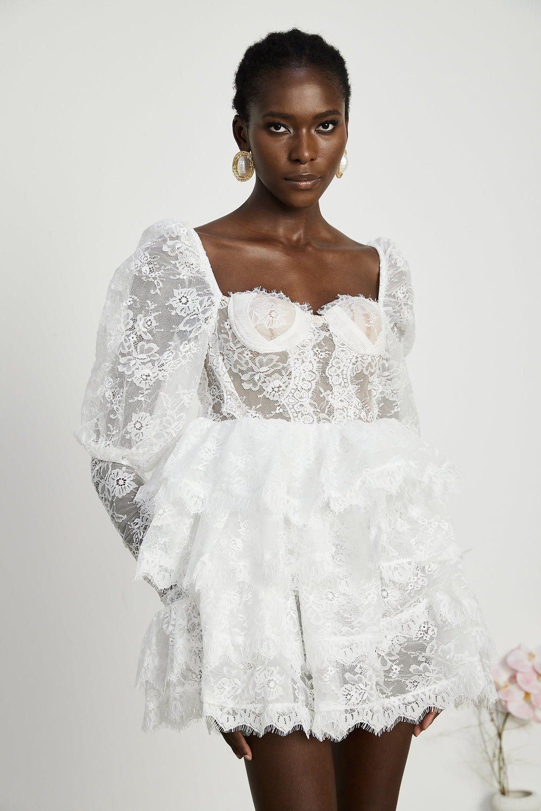 Avellia Elise Semi-Sheer Lace-Trim Mini Dress