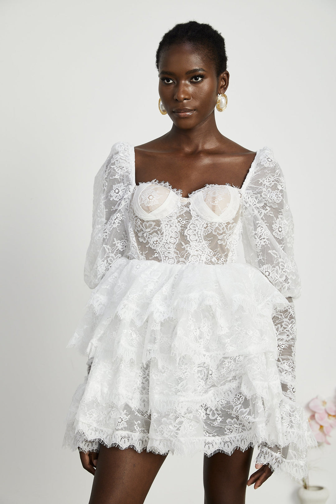 Avellia Elise Semi-Sheer Lace-Trim Mini Dress