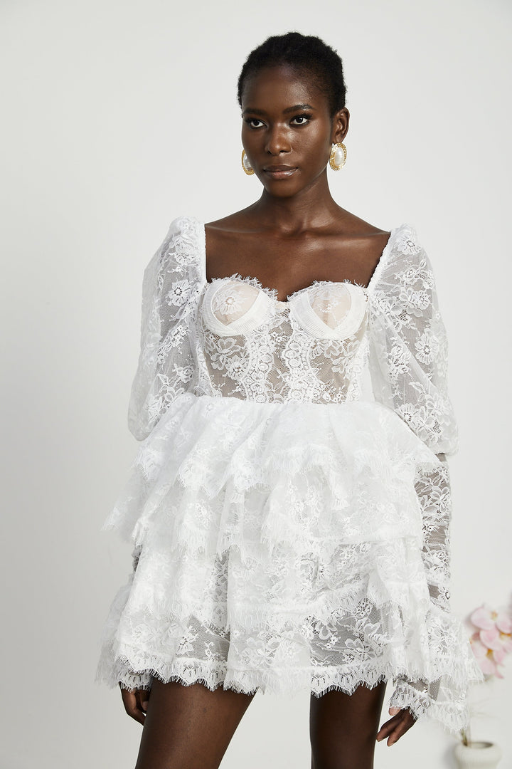 Avellia Elise Semi-Sheer Lace-Trim Mini Dress