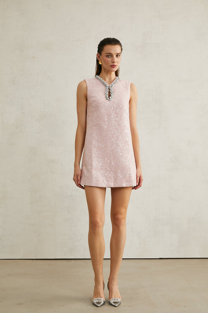 Avellia Arantxa Blush Sequin Tweed Mini Dress