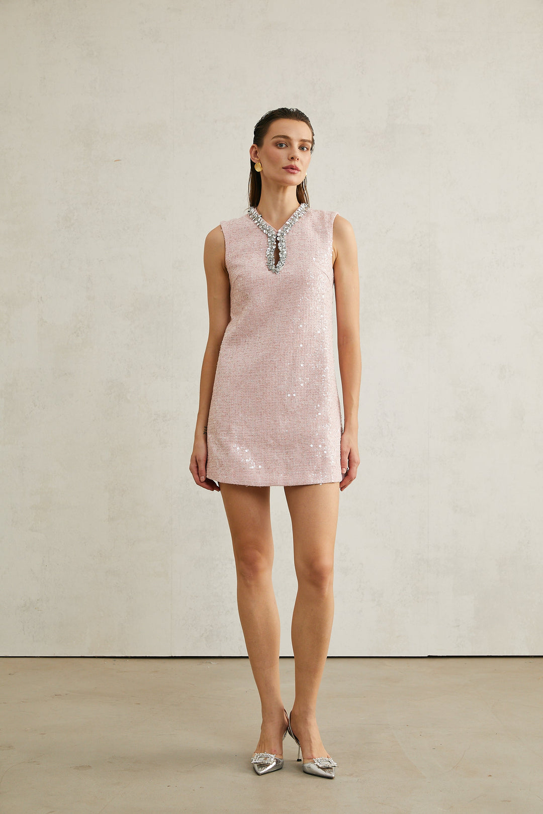 Avellia Arantxa Blush Sequin Tweed Mini Dress