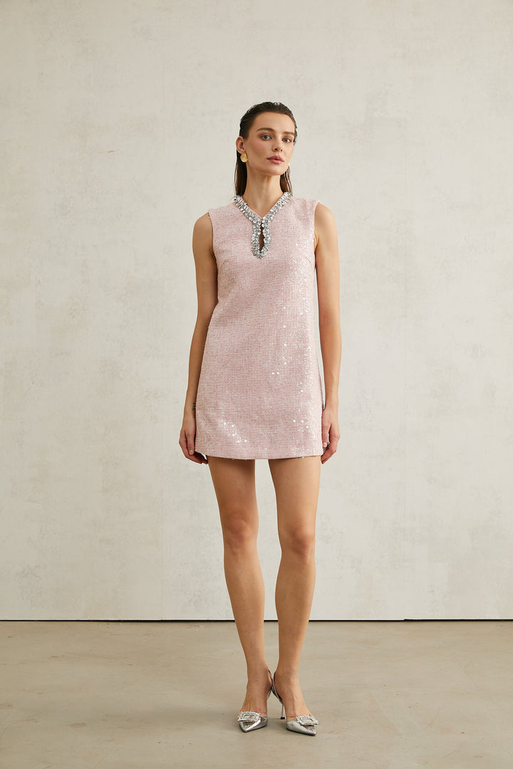 Avellia Arantxa Blush Sequin Tweed Mini Dress