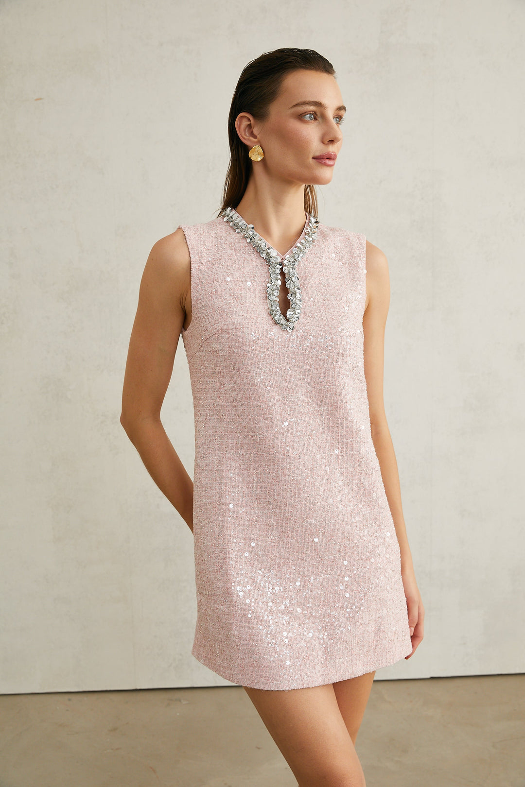 Avellia Arantxa Blush Sequin Tweed Mini Dress