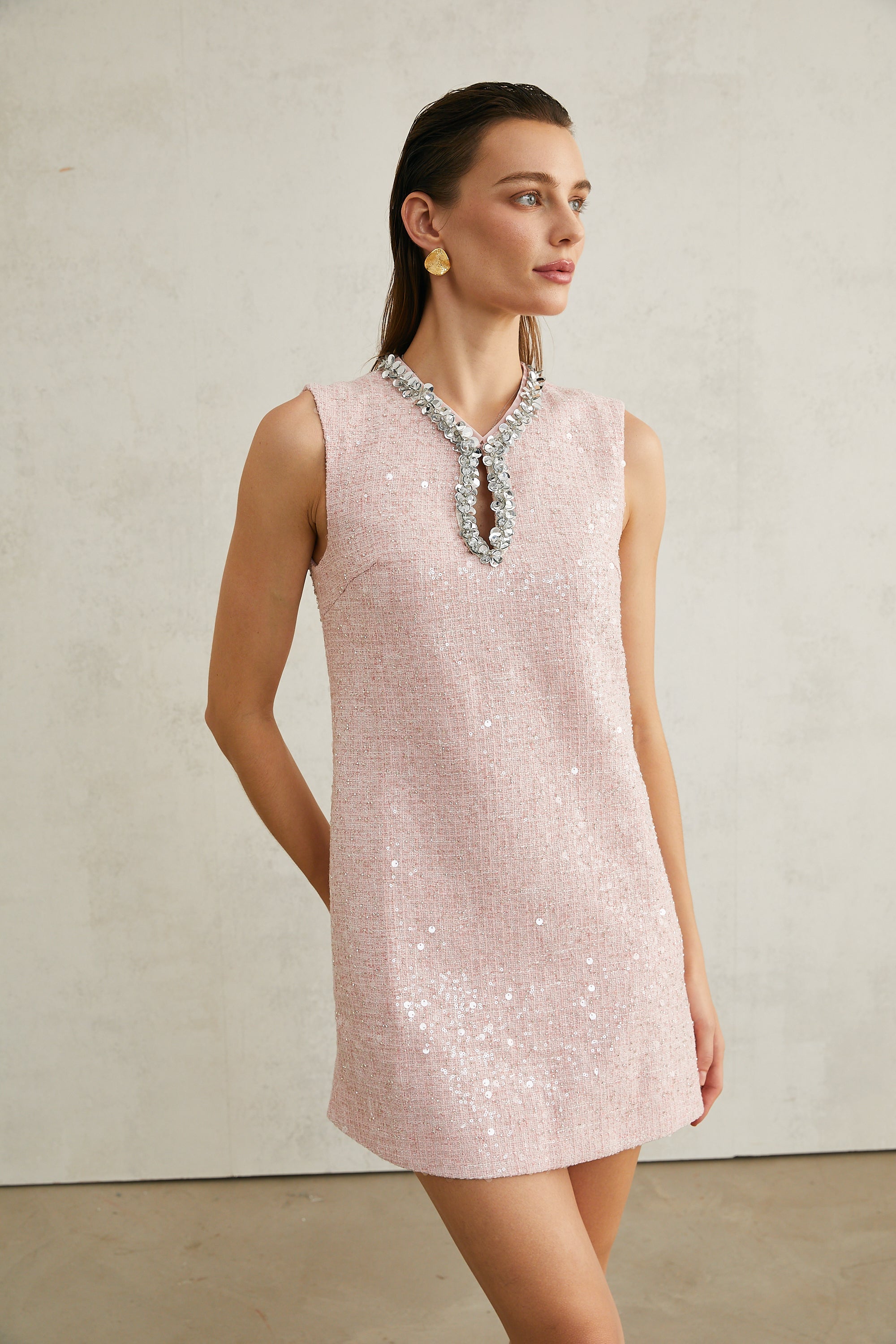 Avellia Arantxa Blush Sequin Tweed Mini Dress