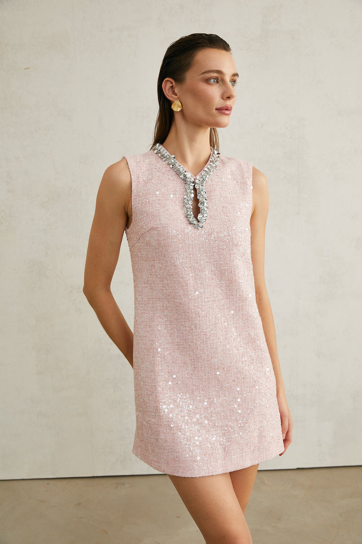 Avellia Arantxa Blush Sequin Tweed Mini Dress