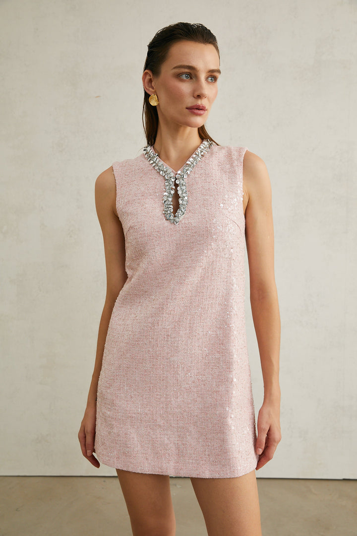 Avellia Arantxa Blush Sequin Tweed Mini Dress